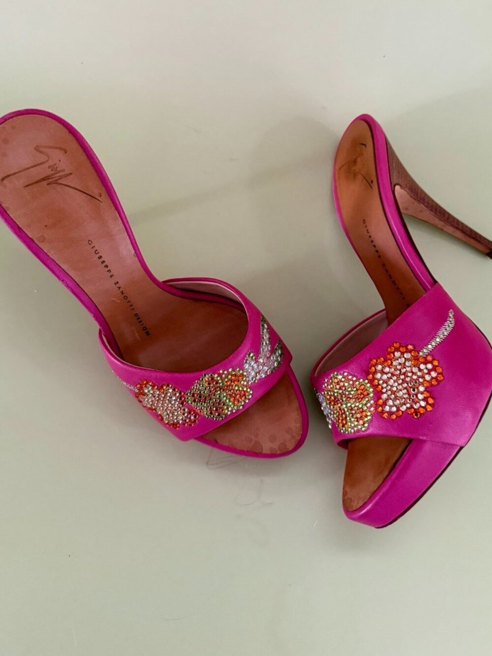 Giuseppe Zanotti Design Hot Pink Crystal Floral Mule Stiletto Heels